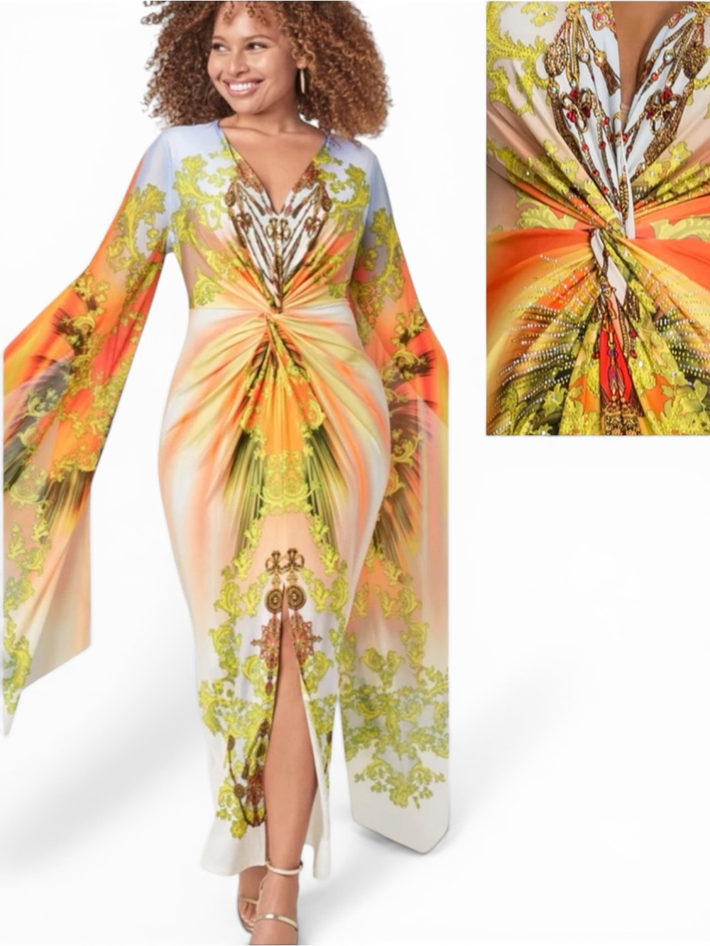 VENUS Elegant Bright Print Maxi Dress with Dramatic Sleeves - Picture 3 of 10